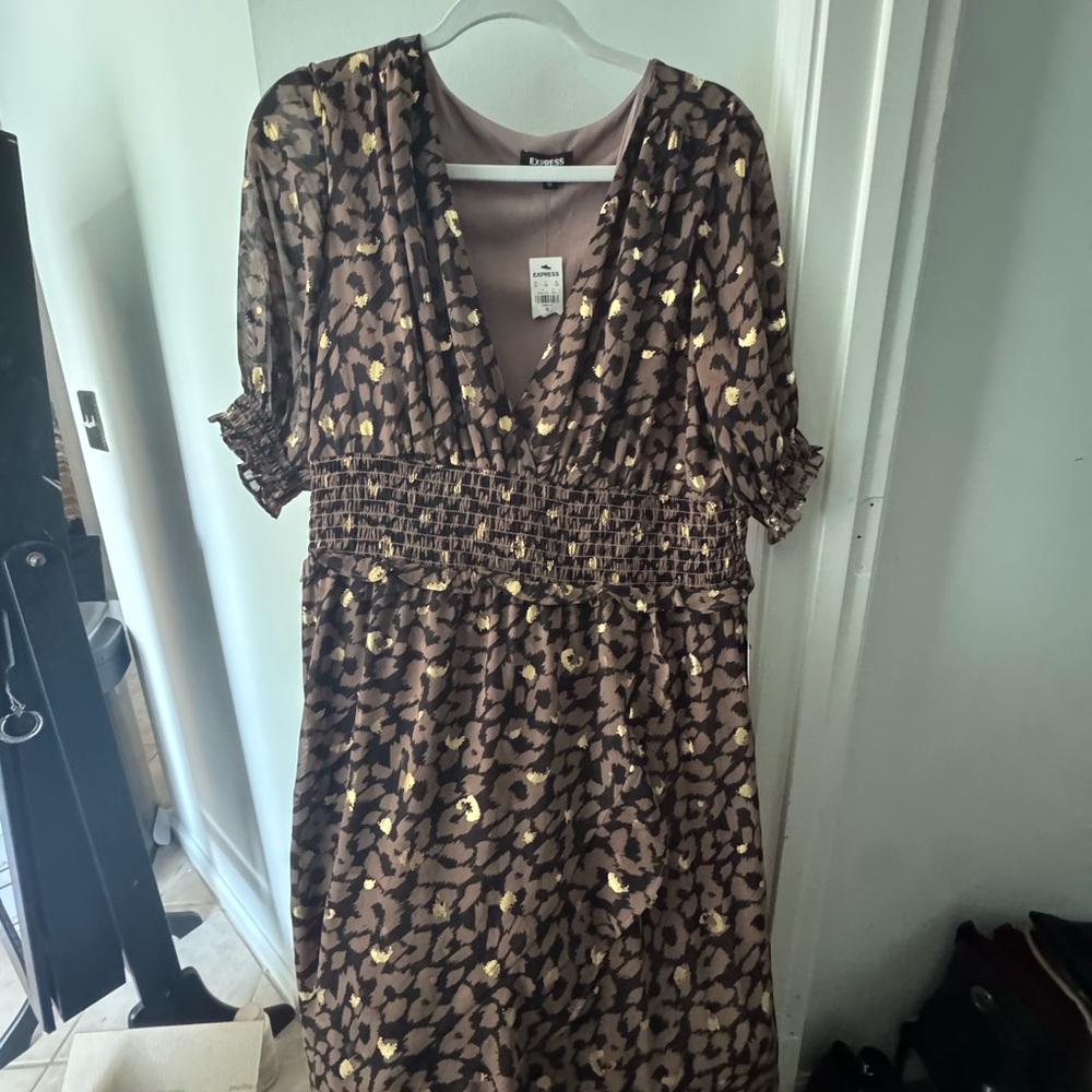 Express Brown and Black Wrap Midi Dress with Plunge Neckline